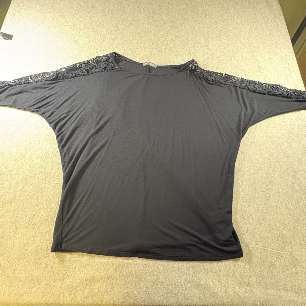 Loveappella Women's XL Black Lace Shoulder Dolman Batwing Knit Top Stretch (243)